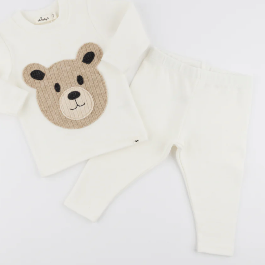 Teddy Bear Face Applique L/S 2pc Set
