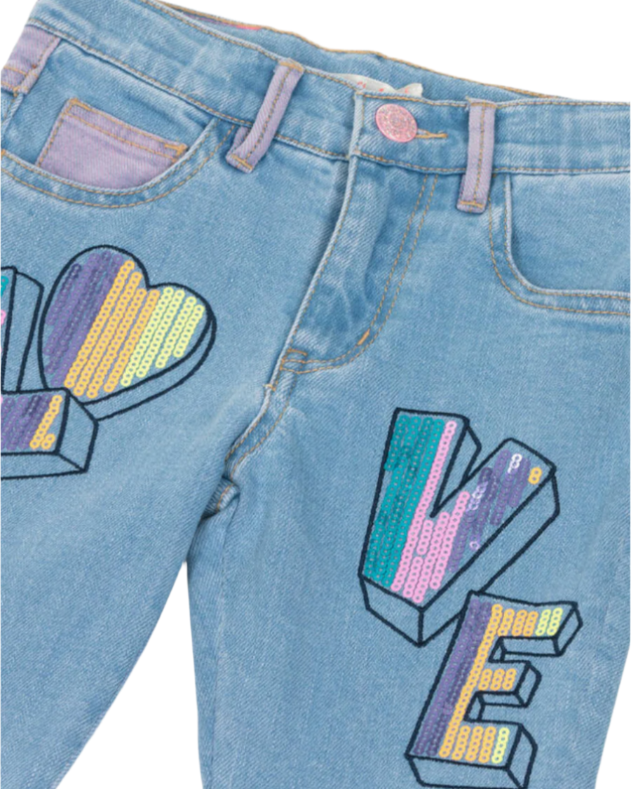 Girls Blue Denim Sequin Love Jeans