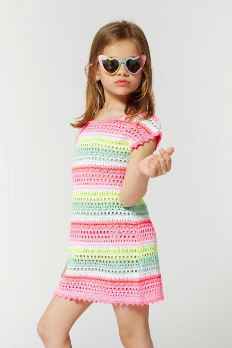 Girls Pink Striped Crochet Beach Dress