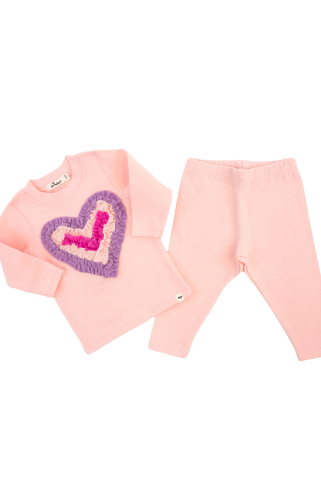 Two Piece Set - Multicolor Terry Ruffle Heart Applique - Pale Pink