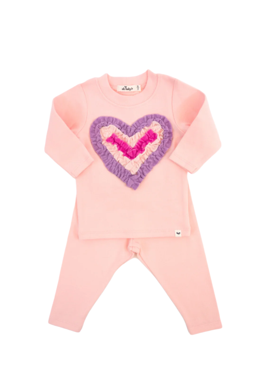Two Piece Set - Multicolor Terry Ruffle Heart Applique - Pale Pink