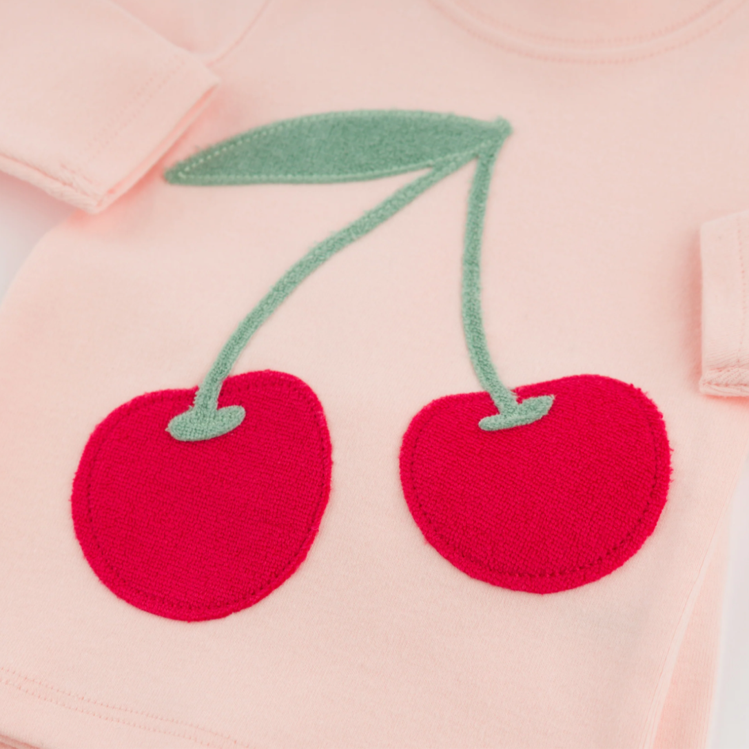 Two Piece Set - Cherries Berry Applique - Pale Pink