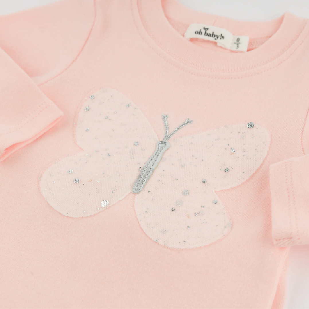 Two Piece Set - Butterfly Cream/Pink Silver Fleck Tulle Applique - Pale Pink