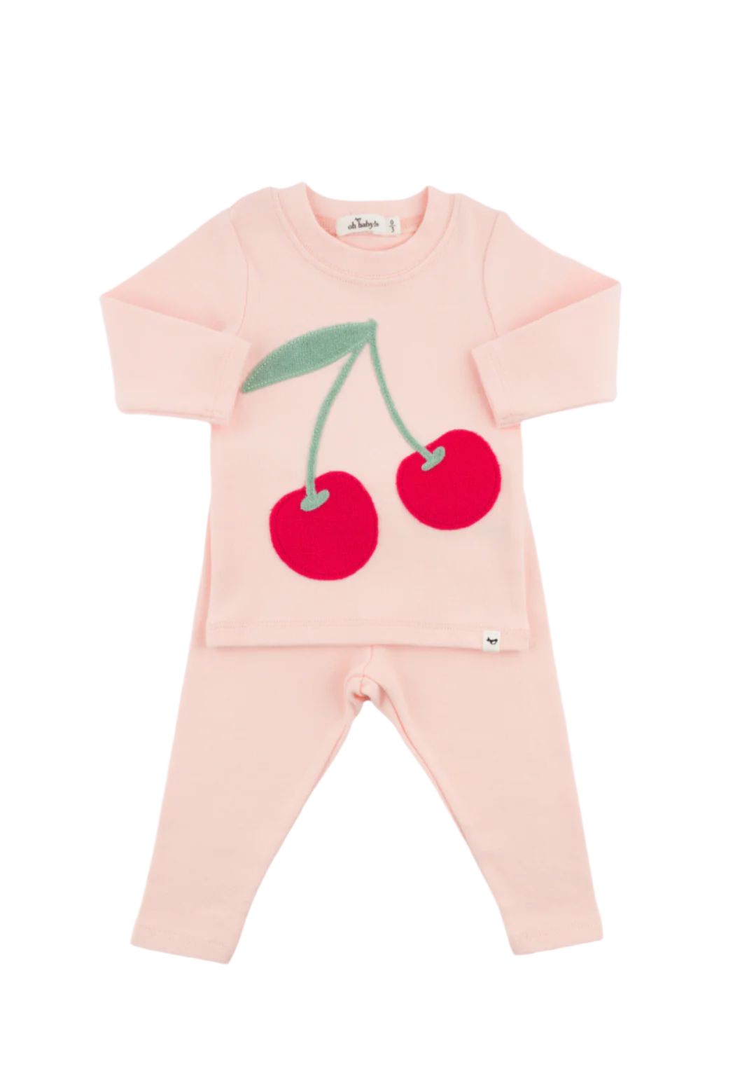 Two Piece Set - Cherries Berry Applique - Pale Pink