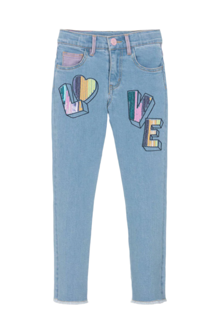 Girls Blue Denim Sequin Love Jeans