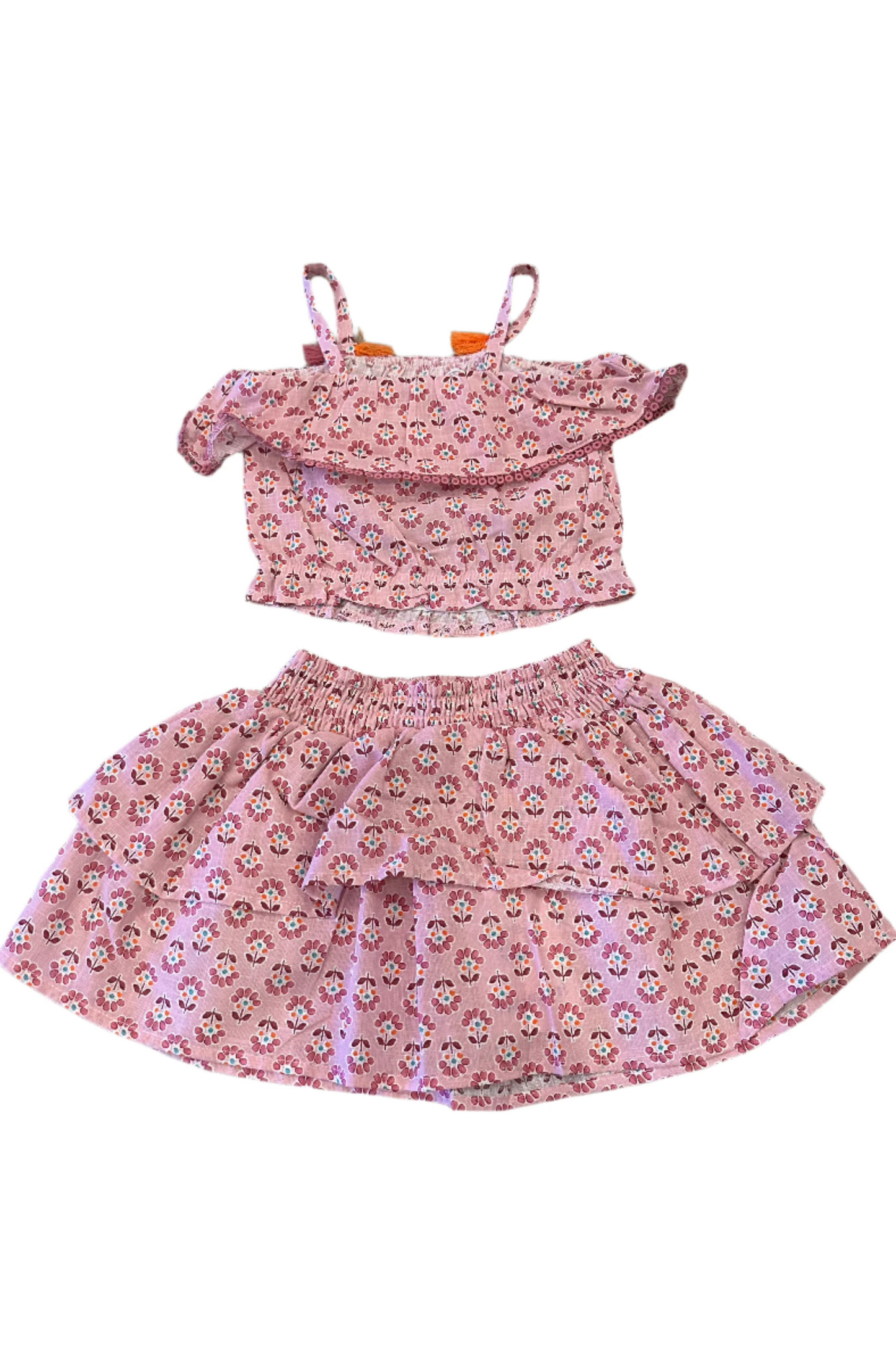 Ruffle Printed Top/ Smocked Skirt