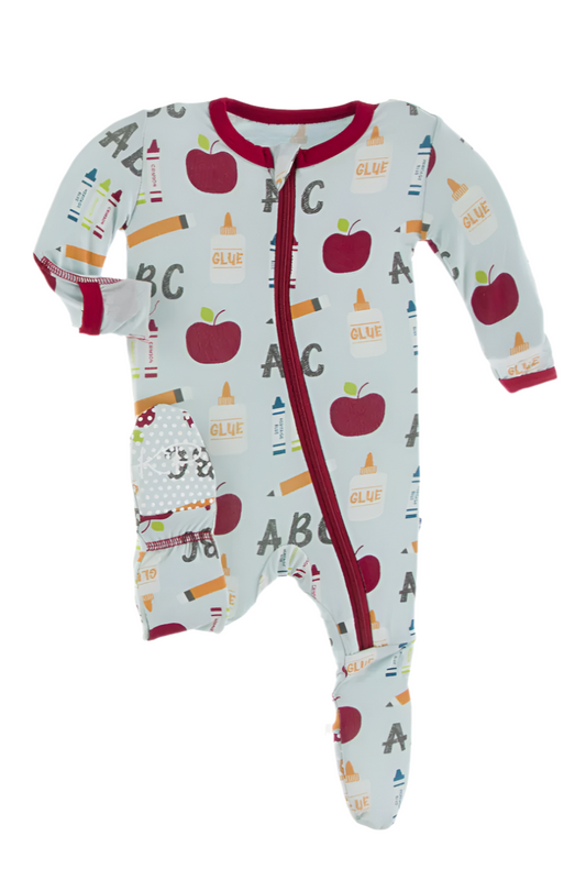 Print Footie with Zipper in Spring Sky First Day of School