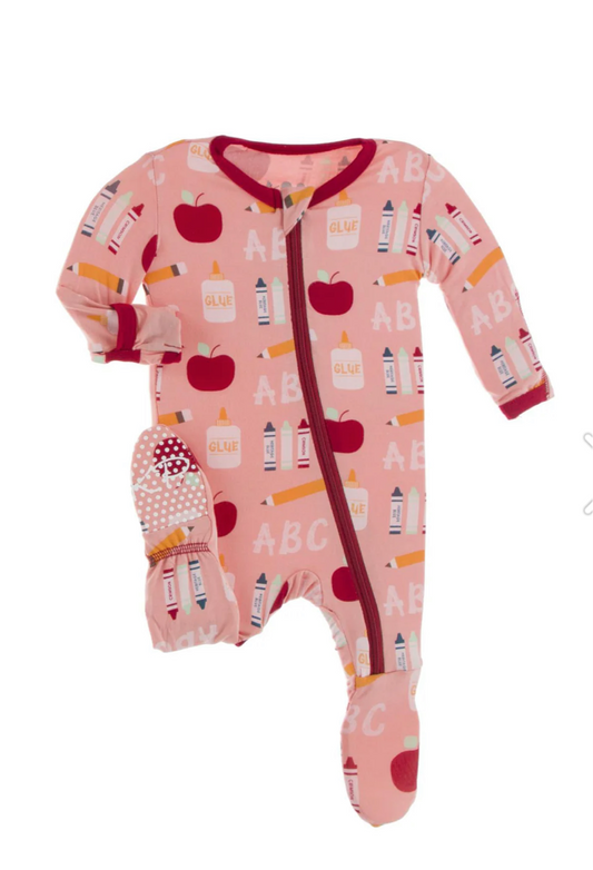 Print Footie with Zipper in Blush First Day of School