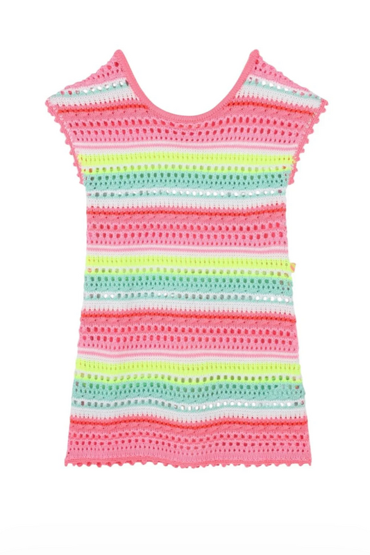 Girls Pink Striped Crochet Beach Dress