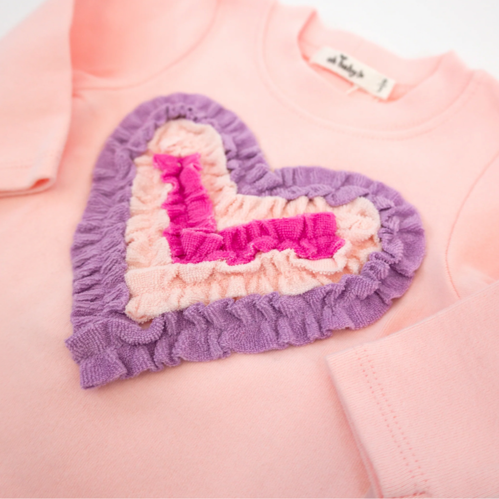 Two Piece Set - Multicolor Terry Ruffle Heart Applique - Pale Pink