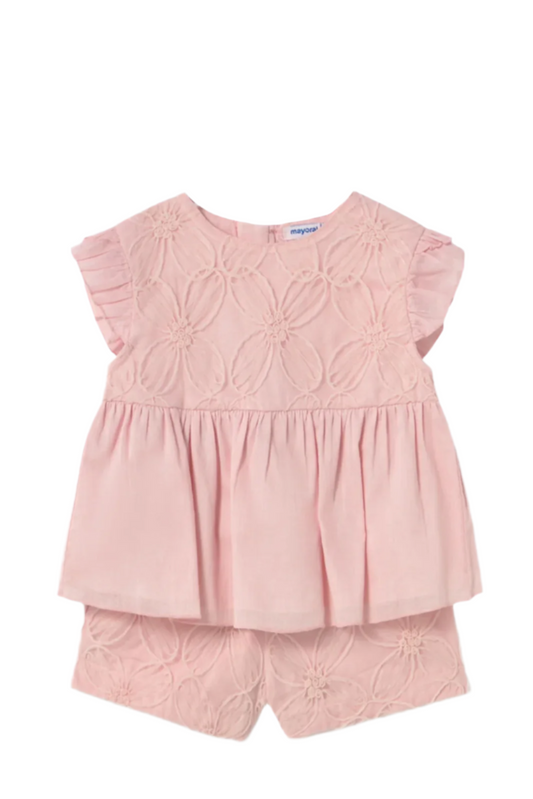 Shorts and Embroidered Tulle Blouse Set