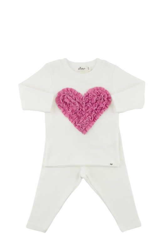 Two Piece Set - Ruffle Heart - Bright Pink Sparkle - Cream