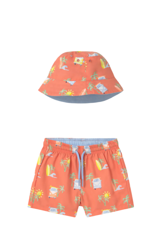 Baby Swim Trunks and Reversible Hat Set with Sun Protection