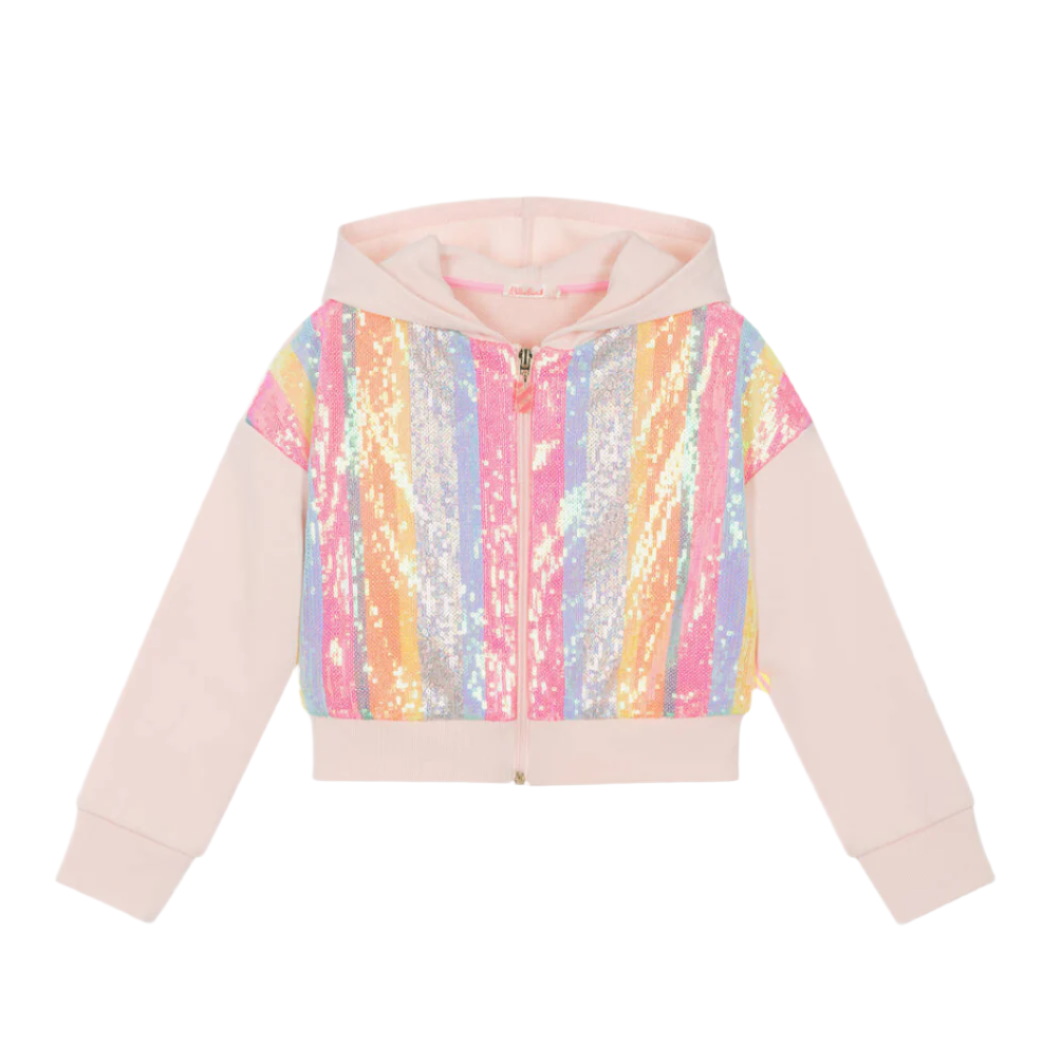 Girls Pink Cotton Sequin Zip-Up Top