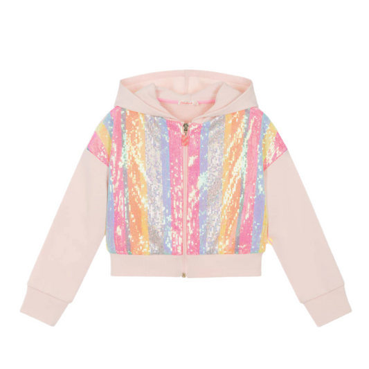 Girls Pink Cotton Sequin Zip-Up Top