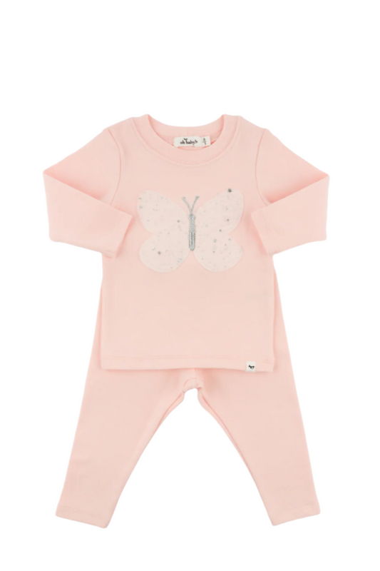 Two Piece Set - Butterfly Cream/Pink Silver Fleck Tulle Applique - Pale Pink