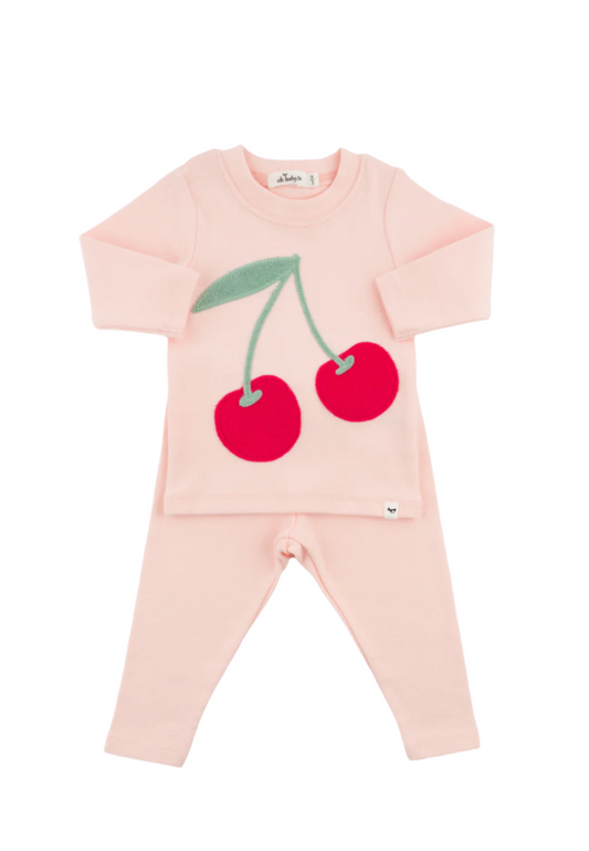 Two Piece Set - Cherries Berry Applique - Pale Pink