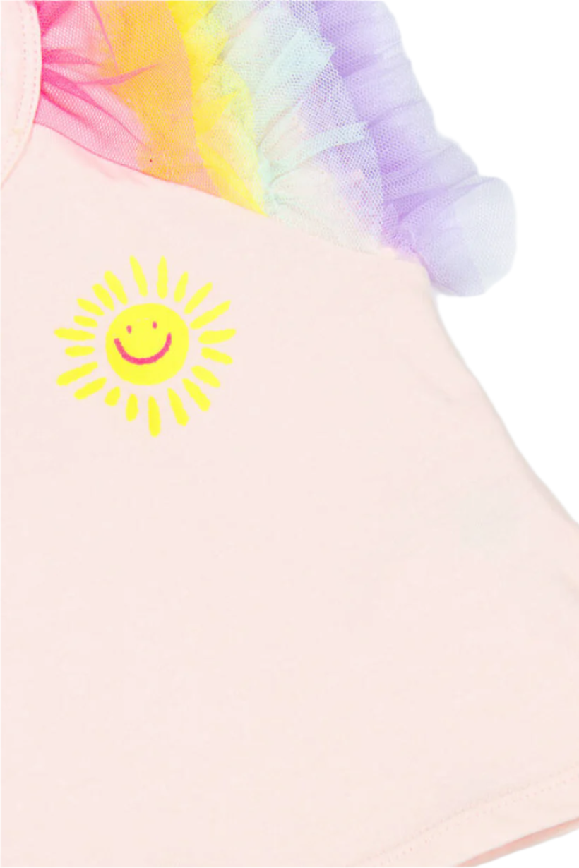 Girls Pink Cotton & Tulle Sleeve Top/ Heart- patch shorts