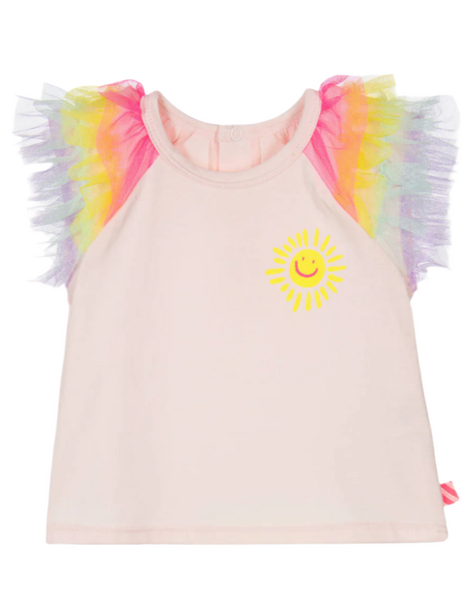 Girls Pink Cotton & Tulle Sleeve Top/ Heart- patch shorts