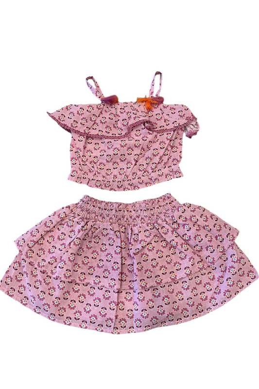 Ruffle Printed Top/ Smocked Skirt